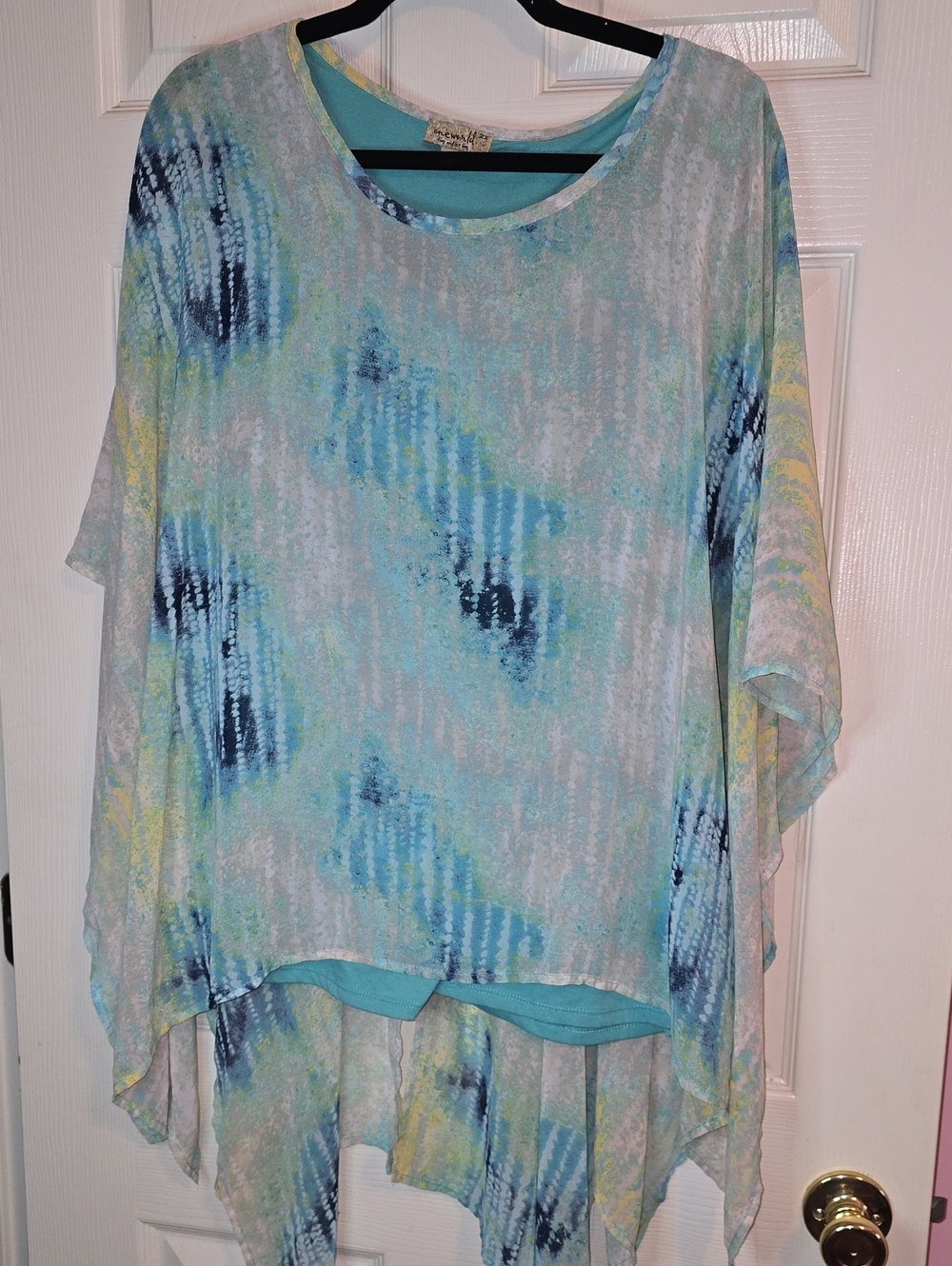 ONE WORLD Light Blue Aqua Multi-Print Draped‎ Tunic